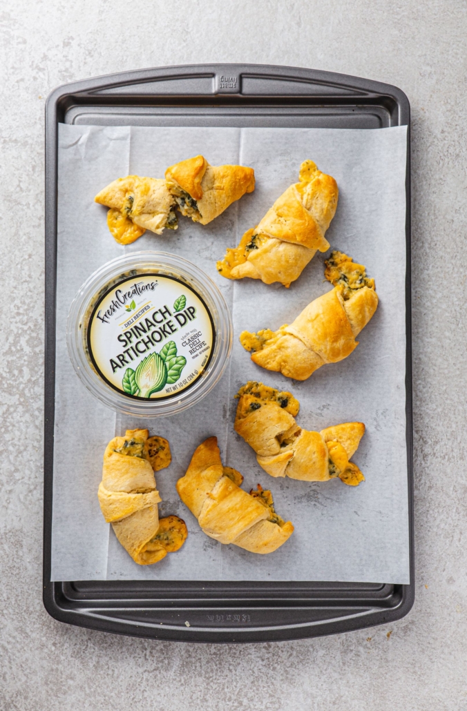 Cheesy Stuffed Croissant Rolls 
with Fresh Creations Spinach and Artichoke Dip; how to make stuffed rolls
